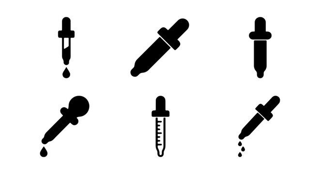 Black dropper icons, pipette silhouettes, liquid drop illustrations, 6 icon set