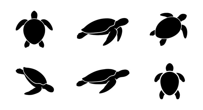 Turtle icons, sea turtle silhouettes, black turtle graphics, ocean animal symbols