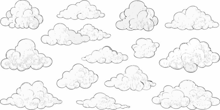 Hand drawn cloud sketches ink style multiple variations on white background
