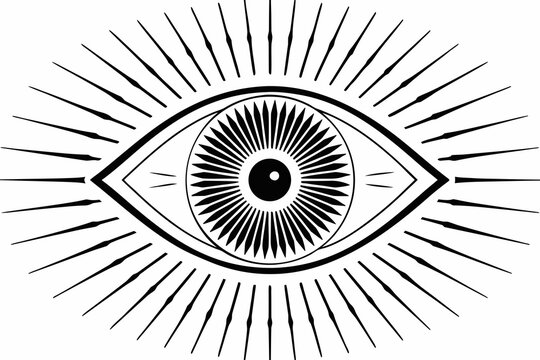 Radiant eye illustration with sunburst rays black and white vector