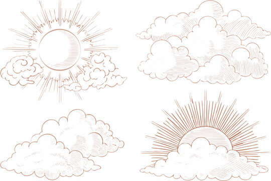Sepia sun and cloud illustrations vintage engraving style on white background