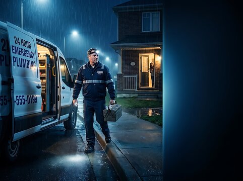 Emergency Plumber Night Service Urgent Repair Technician With Toolbox