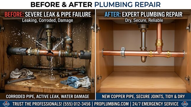 Before and After Plumbing Repair Broken Pipe Fixed Comparison Concept
