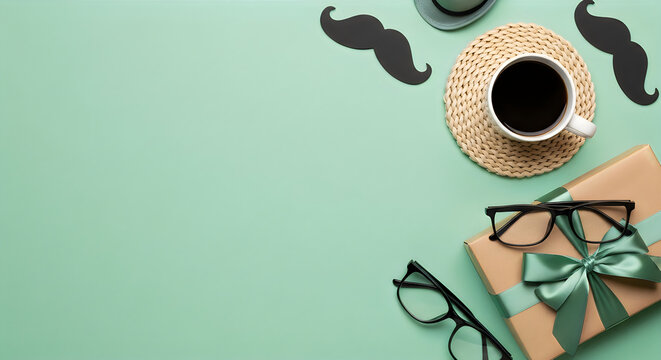 Father's Day morning routine with coffee, glasses, and notepad on pastel green background
