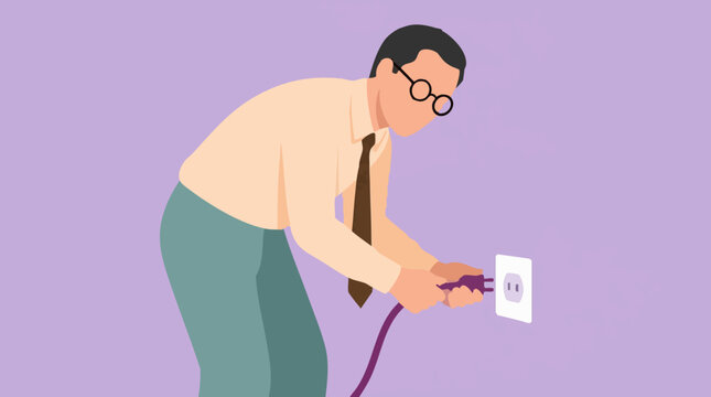 Businessman plugging an electrical cord into a wall socket, illustration