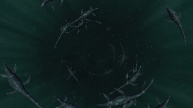 3D animation of plesiosaurs gliding through the deep turquoise waters of a prehistoric ocean - perfect for YouTube channels, documentaries, and educational videos.