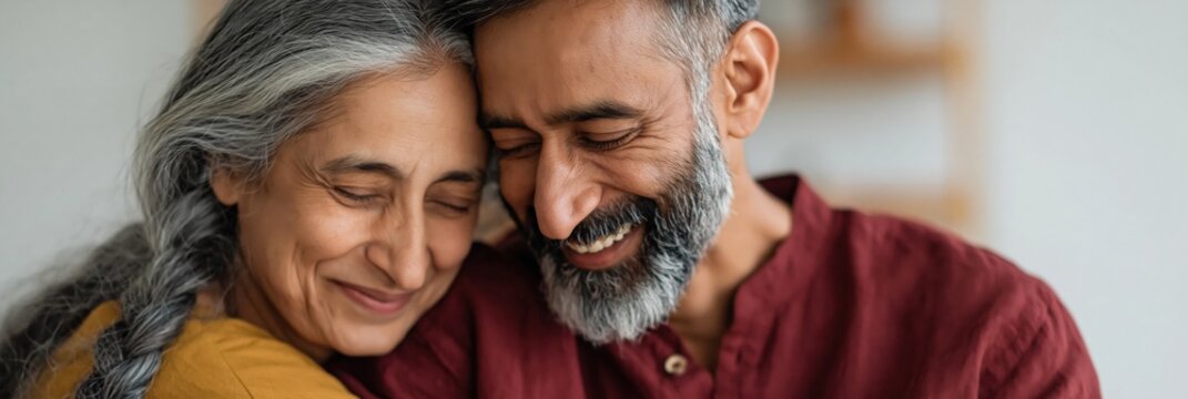 Older couple embracing and smiling in cozy home setting