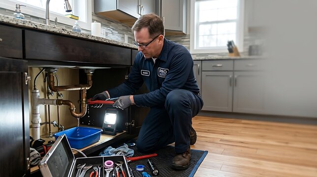 Professional Plumber Fixing Leaking Pipe Under Sink Emergency Repair Service
