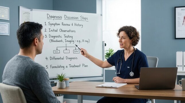 Doctor Explaining Diagnosis Steps To Patient In Office Consultation