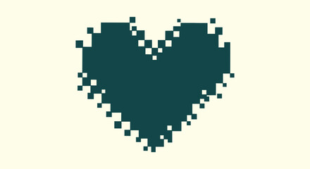 Fototapeta premium Dark Teal Pixelated Heart Graphic with Retro 8-bit Style on Cream Background for Romantic Design