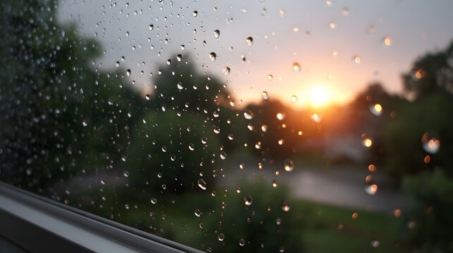 A serene view of a bright sunrise filtered through glistening raindrops on a windowpane