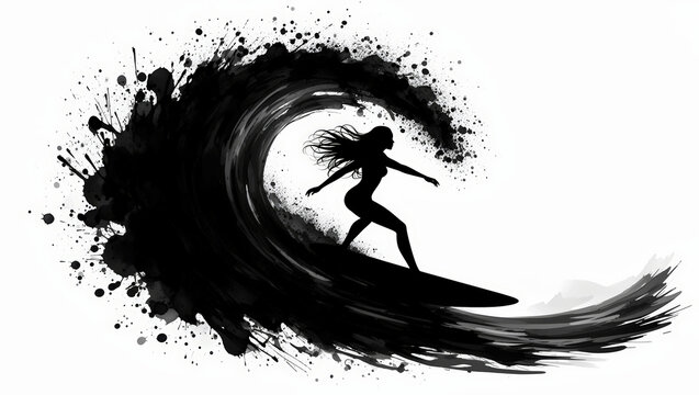 mujer, vector, deporte, surf, surfista, acu&aacute;tico, ilustraci&oacute;n, gente, silueta, diversi&oacute;n, verano, playa, acci&oacute;n, brincar, arte, abstracta, chapoteo, salto, mar, cielo, negro, activo, libertad, sol, ac