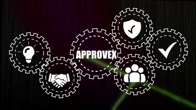 Corporate approval process concept featuring animated interlocking gears with business including handshake, lightbulb, shield, and checkmark symbols for workflow management