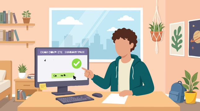 Young person reviewing successful online exam results with a high score