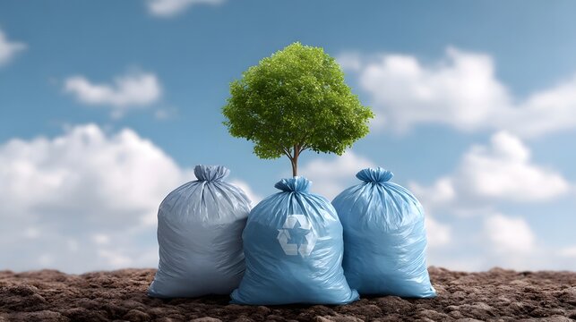 A vibrant green tree symbolizing life growing from blue waste sacks and pollution set against a clear sky