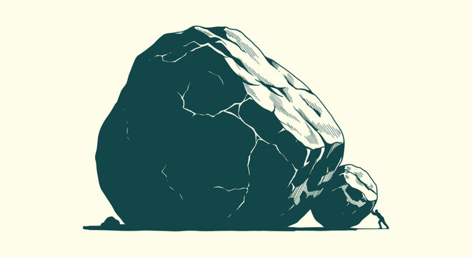 Tiny Silhouette Figure Pushing Enormous Stone Boulders Representing Challenge and Perseverance