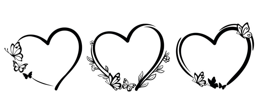 set of black line art hearts decorated with butterflies and flowers. Hand-drawn romantic heart frames with butterfly silhouettes and floral elements isolated on white background. Minimalist design