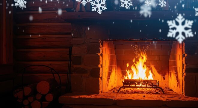 Warm orange glow fills a rustic log cabin living room as a bright fire crackles in the stone hearth while snow falls outside the window, logs, atmospheric, cottage