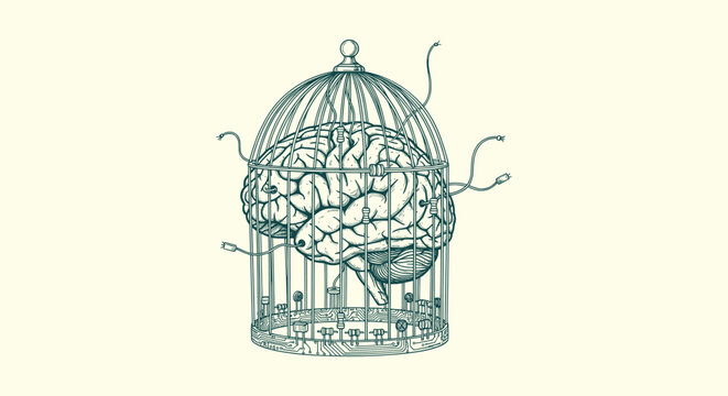 Vintage Hand Drawn Etching of a Human Brain Trapped Inside a Birdcage with Electronic Circuitry Base
