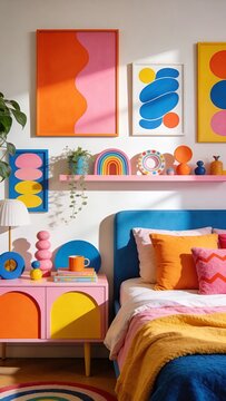 A bright dopamine decor bedroom filled with playful pastel colors, cozy furnishings, and cheerful wall art, creating a joyful and modern atmosphere.