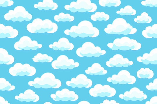Seamless pattern of fluffy white clouds on a blue sky background