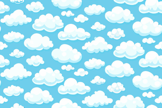 Seamless pattern of fluffy white clouds on a blue sky background