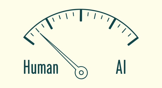 Comparison gauge indicating human versus artificial intelligence with needle pointing to human.