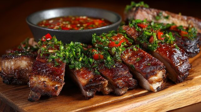 Argentine-style parrilla grill featuring ribs cut into strips, sizzling over open flames. The scene highlights traditional barbecue cooking with rich smoky flavor, charred textures