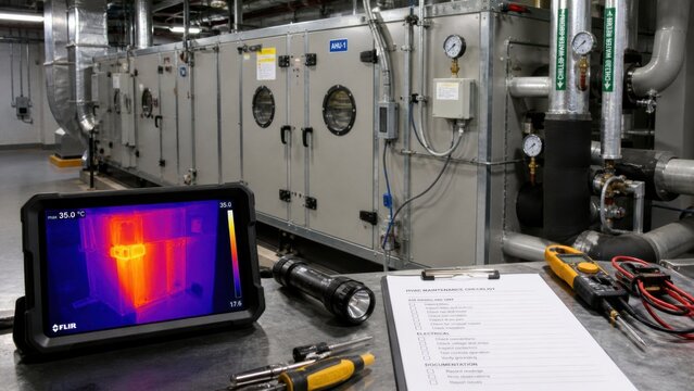 Thermal imaging shows equipment monitoring in a maintenance facility with tools and inspection documents