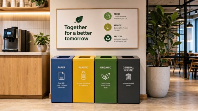 Instructions on waste sorting in a modern office space encouraging recycling and sustainability practices for a better future