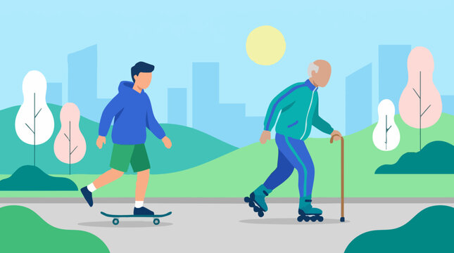 Active Generations: Young Skateboarder and Senior Rollerblader in Park