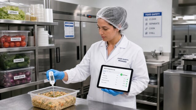 Food safety manager monitors cooking temperature in commercial kitchen during food preparation at local restaurant