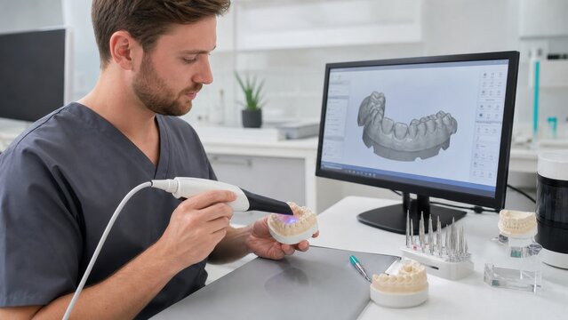 Dentist uses digital scanner on dental model while working at modern clinic in bright office setup