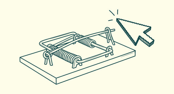 Concept Illustration of a Mousetrap with Computer Cursor Arrow Representing Clickbait and Scams