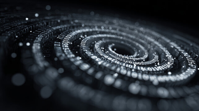 Binary Data Spiral Code Background | AI Analytics and Information Flow Concept with Digital Data Stream