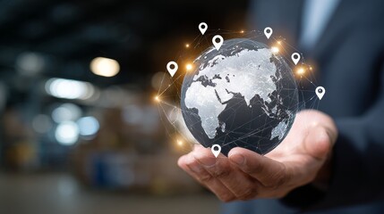 Fototapeta premium A businessman holding a glowing digital globe surrounded by location pins, symbolizing a global logistics network and international business expansion. The composition represents worldwide trade, supp