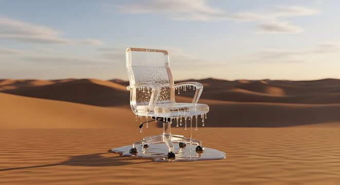 Transparent office chair in desert sand dunes at sunset