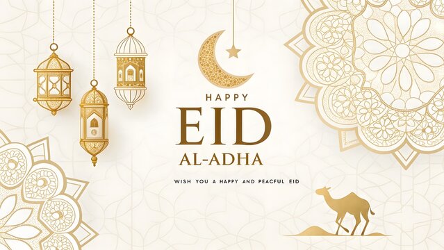 eid al adha greeting card with gold lanterns crescent moon and arabic calligraphy