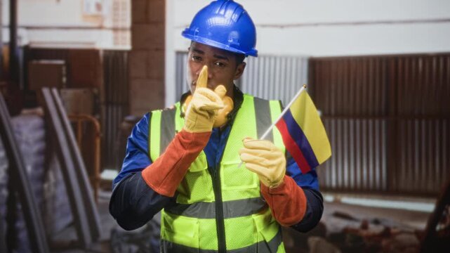 Man construction worker in hardhat and hi vis holding colombian flag, finger to lips in building; pride support safety.