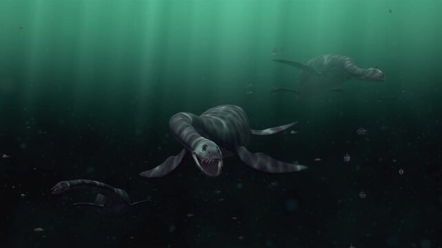 4k 3d animation of Plesiosaurs swimming in Deep ancient prehistoric ocean - Ancient Sea Monsters