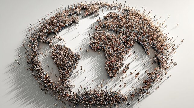 Crowd of people forming a globe symbol from aerial view. Global community, world connection, environment, sustainability.