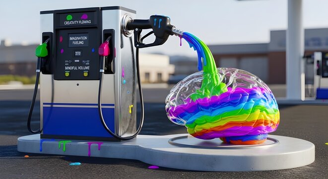 Rainbow colored brain being filled at a gas pump