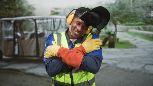 Black man welder in welding helmet, earmuffs and gloves crosses arms hugging chest on street; pride.