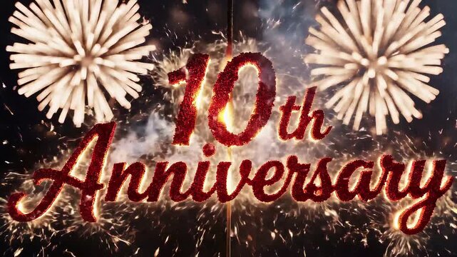 Sparkling 10th Anniversary Red Glitter Text with Fireworks Background