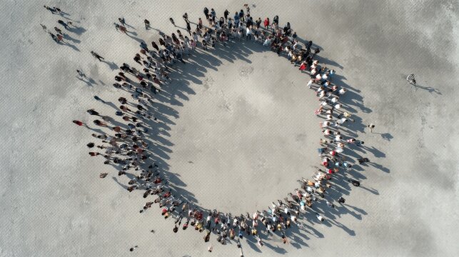 Large crowd standing in a circle from aerial view on concrete ground. Social unity, teamwork, community, cooperation.