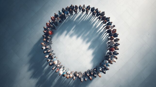 People standing in a circle with long shadows from aerial view. Teamwork, unity, human connection, social cooperation.