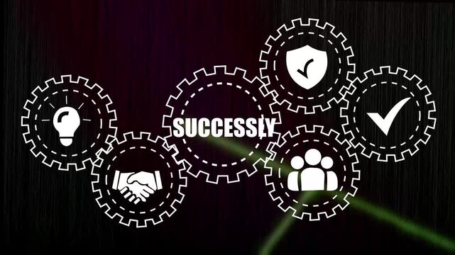 Conceptual business success infographic animation featuring interlocking gear mechanisms with for innovation, partnership, teamwork, security, and achievement for