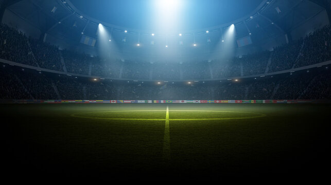 National flags in the stadium at night.