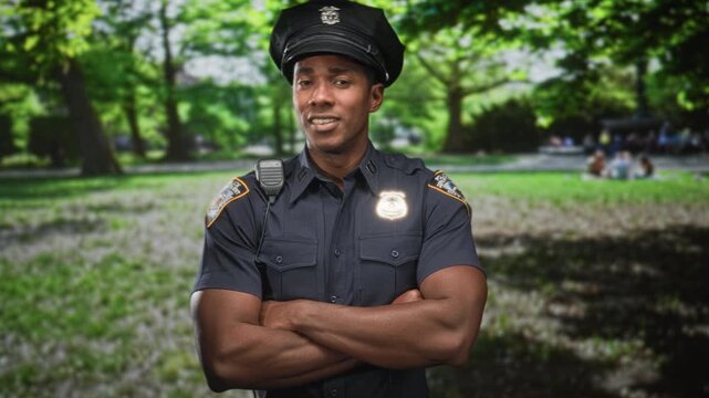 Police officer wearing cap and badge with radio, arms crossed and looking sideways in forest; confidence duty.