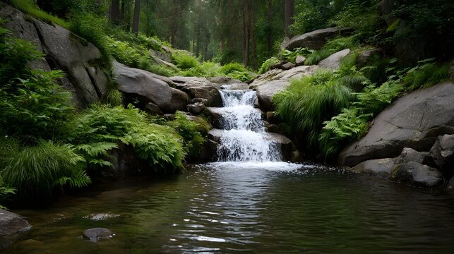 A peaceful cascading waterfall flows over lush moss covered rocks into a deep pool within a temperate forest